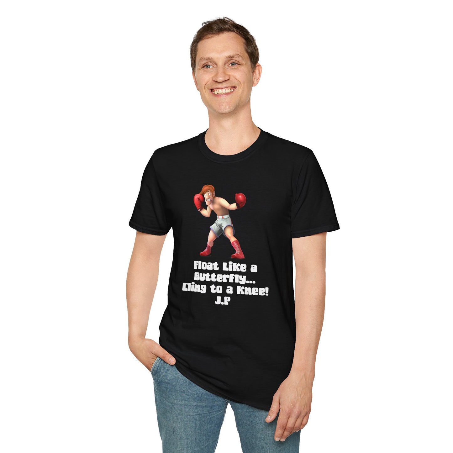 Boxer Graphic T-Shirt — "Float Like a Butterfly... Cling to a Knee!" Motivational Boxing Tee