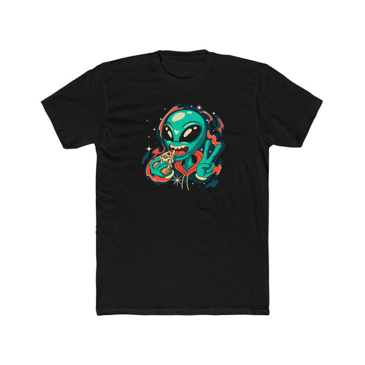 Alien Peace of Pizza Unisex Cotton Crew Tee, Graphic Tee Funny T-Shirt