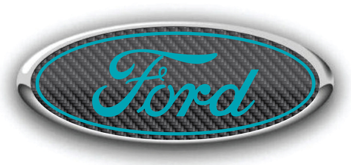 FORD SIMULATED CARBON FIBER OVERLAY EMBLEM LOGO DECALS MANY COLORS! 3PC KIT