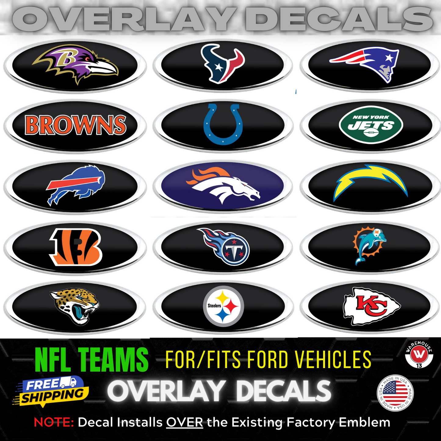 FORD NFL TEAMS OVERLAY EMBLEM LOGO DECALS 3PC KIT